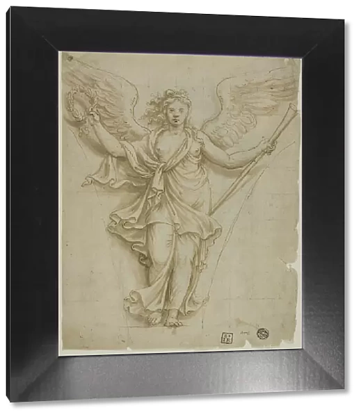Spandrel Design with Allegorical Figure of Fame (r); Design for Coat of Arms (v), c.1532. Creator: Workshop of Giulio Pippi, called Giulio Romano
