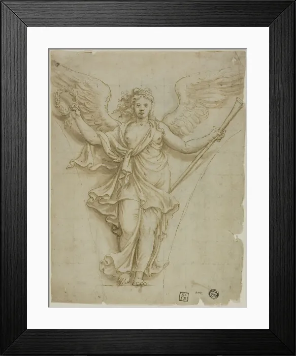 Framed Print : Spandrel Design with Allegorical Figure of Fame (r); Design for Coat of Arms (v), c.1532. Creator: Workshop of Giulio Pippi, called Giulio Romano Framed Print : Spandrel Design with Allegorical Figure of Fame (r); Design for Coat of Arms (v), c.1532. Creator: Workshop of Giulio Pippi, called Giulio Romano