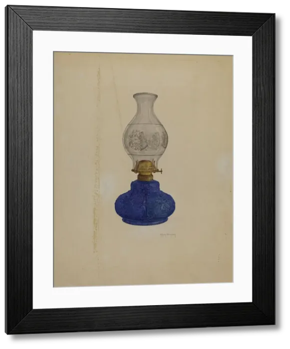 Framed Print : Blue Glass Lamp, c. 1937. Creator: Helen Bronson Framed Print : Blue Glass Lamp, c. 1937. Creator: Helen Bronson