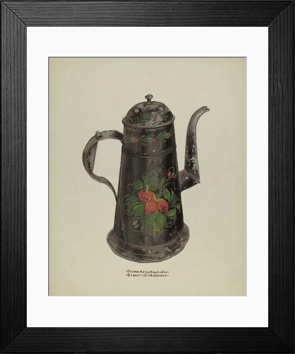 Framed Print : Toleware Tin Coffee Pot, c. 1937. Creator: Elmer G Anderson Framed Print : Toleware Tin Coffee Pot, c. 1937. Creator: Elmer G Anderson