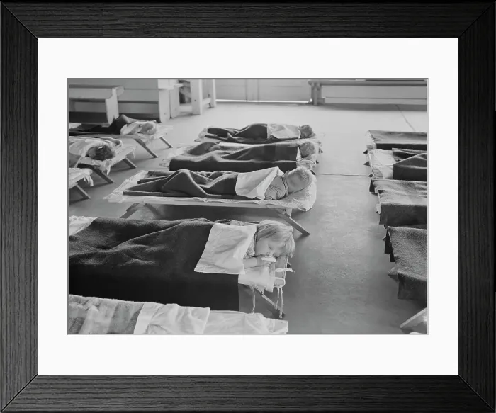 Framed Print : Rest time in nursery school for migrant children at Shafter Camp, California, 1939. Creator: Dorothea Lange Framed Print : Rest time in nursery school for migrant children at Shafter Camp, California, 1939. Creator: Dorothea Lange