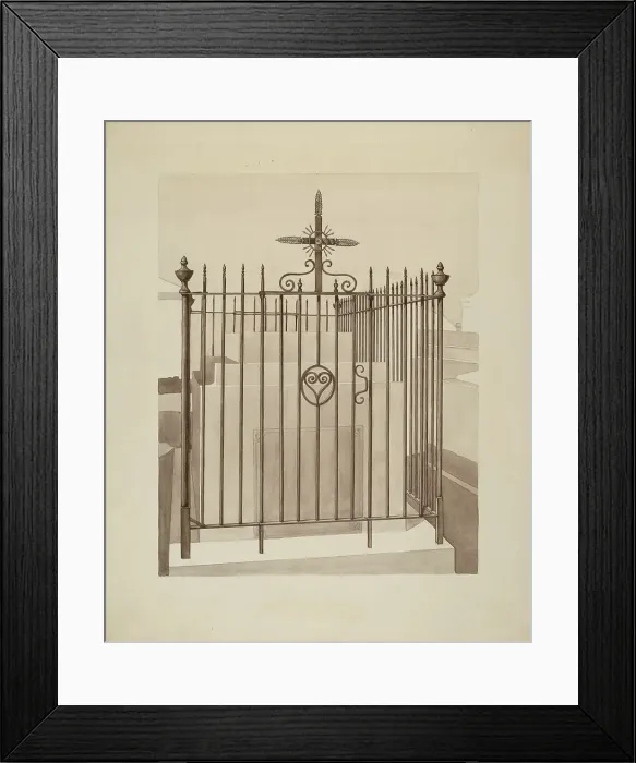 Framed Print : Iron Gate and Fence, c. 1936. Creator: Arelia Arbo Framed Print : Iron Gate and Fence, c. 1936. Creator: Arelia Arbo
