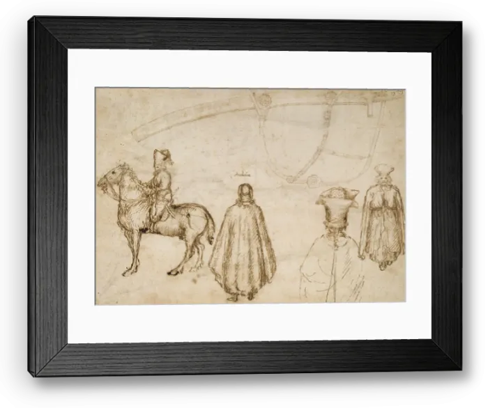 Framed Print : Sketches of the Emperor John VIII Palaeologus, a Monk, and a Scabbard, 1438. Creator: Pisanello Framed Print : Sketches of the Emperor John VIII Palaeologus, a Monk, and a Scabbard, 1438. Creator: Pisanello