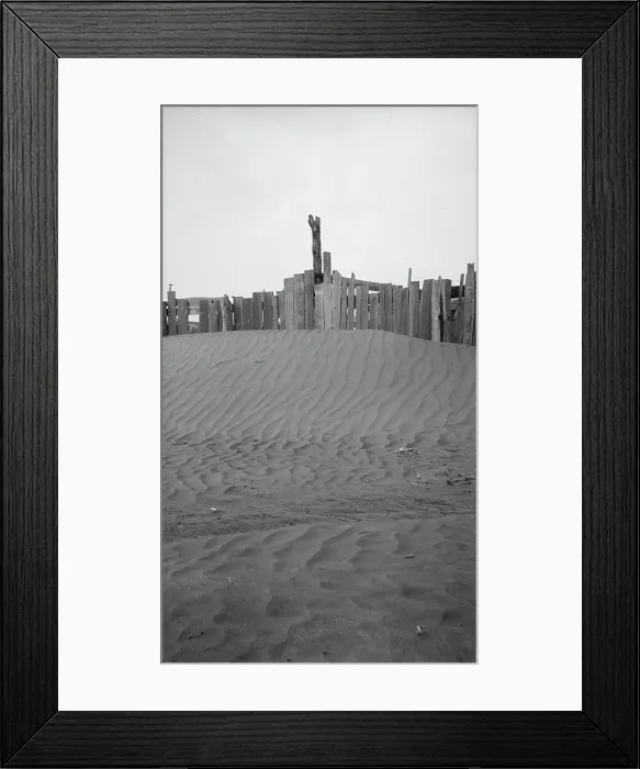 Framed Print : A corral practically buried by drifted dust, Mills, New Mexico. 1935. Creator: Dorothea Lange Framed Print : A corral practically buried by drifted dust, Mills, New Mexico. 1935. Creator: Dorothea Lange