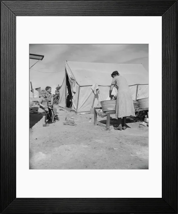 Framed Print : Washing facilities for families in migratory pea pickers camp, Imperial Valley, California, 1937. Creator: Dorothea Lange Framed Print : Washing facilities for families in migratory pea pickers camp, Imperial Valley, California, 1937. Creator: Dorothea Lange