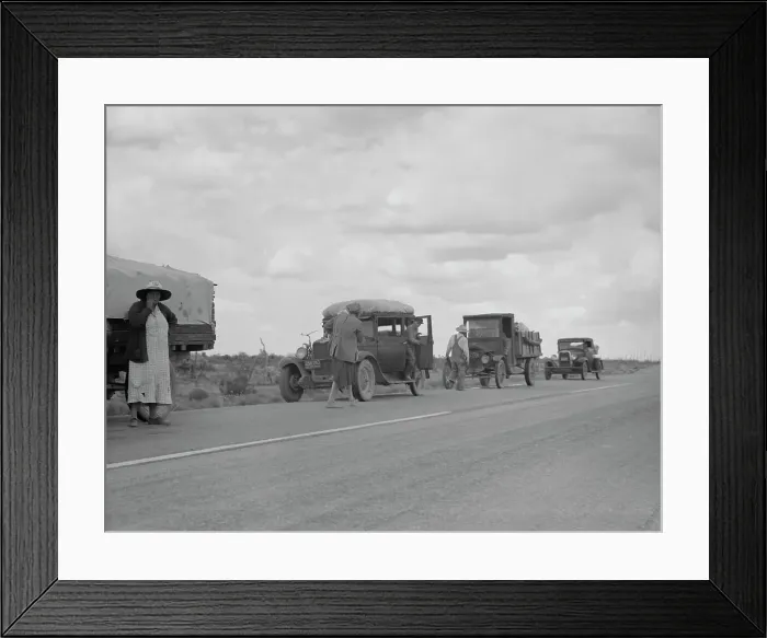 Framed Print : Three related drought refugee families from Oklahoma on highway near Lordsburg, New Mexico, 1937. Creator: Dorothea Lange Framed Print : Three related drought refugee families from Oklahoma on highway near Lordsburg, New Mexico, 1937. Creator: Dorothea Lange