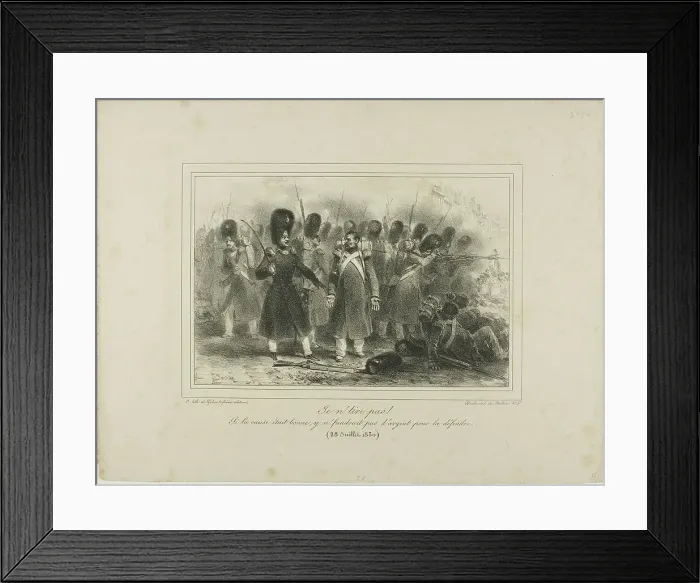 Framed Print : Je n'tire pas! Si la cause était bonne, y n'faudrait pas d'argent pour la défendre. 28 Jui... 1831. Creator: Auguste Raffet Framed Print : Je n'tire pas! Si la cause était bonne, y n'faudrait pas d'argent pour la défendre. 28 Jui... 1831. Creator: Auguste Raffet