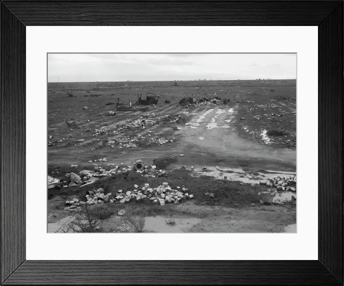 Framed Print : Debris left out on the flats where squatters camp stood during work season, Kern County, 1939. Creator: Dorothea Lange Framed Print : Debris left out on the flats where squatters camp stood during work season, Kern County, 1939. Creator: Dorothea Lange