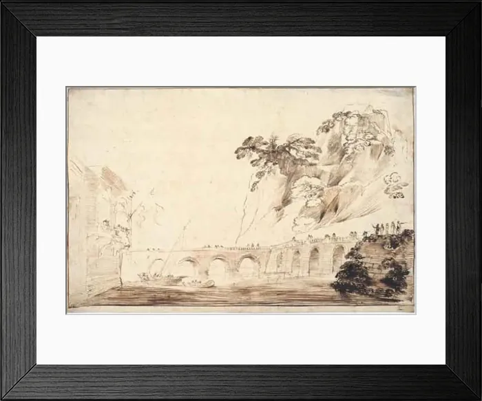 Framed Print : Landscape with a River Crossed by a Bridge, Lined with Spectators, Leading to a... c.1630. Creator: Guercino Framed Print : Landscape with a River Crossed by a Bridge, Lined with Spectators, Leading to a... c.1630. Creator: Guercino