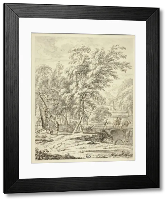 Framed Print : Italianate Landscape with Figures Crossing Bridge, n.d. Creators: Heinrich Meyeringh, Francesco Zuccarelli, Abraham Genoels II