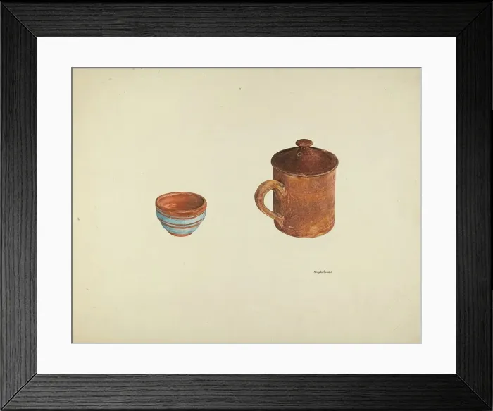 Framed Print : Zoar Dish and Coffee and Cider Cup w / Lid, c. 1938. Creator: Angelo Bulone Framed Print : Zoar Dish and Coffee and Cider Cup w / Lid, c. 1938. Creator: Angelo Bulone