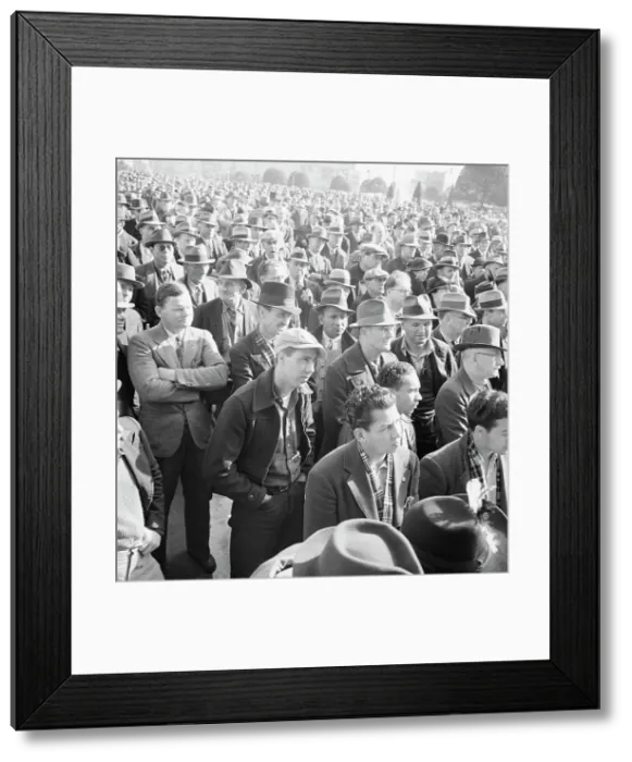 Framed Print : Listening to speeches at mass meeting of WPA workers protesting... San Francisco, California, 1939. Creator: Dorothea Lange Framed Print : Listening to speeches at mass meeting of WPA workers protesting... San Francisco, California, 1939. Creator: Dorothea Lange