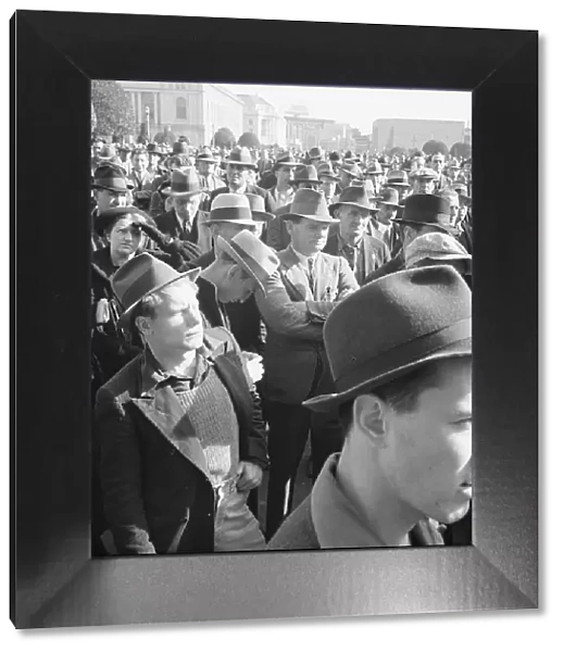 Listening to speeches at mass meeting of WPA workers protesting... San Francisco, California, 1939. Creator: Dorothea Lange