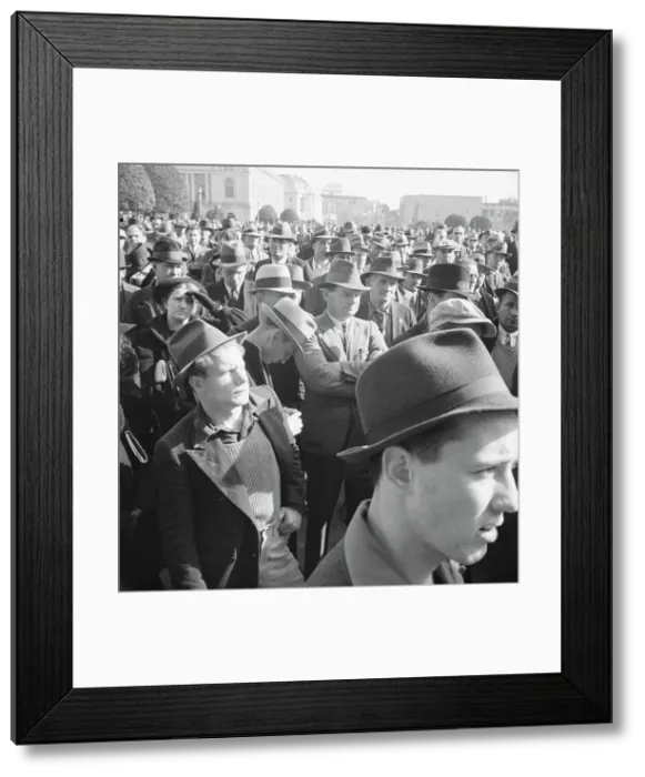 Framed Print : Listening to speeches at mass meeting of WPA workers protesting... San Francisco, California, 1939. Creator: Dorothea Lange Framed Print : Listening to speeches at mass meeting of WPA workers protesting... San Francisco, California, 1939. Creator: Dorothea Lange
