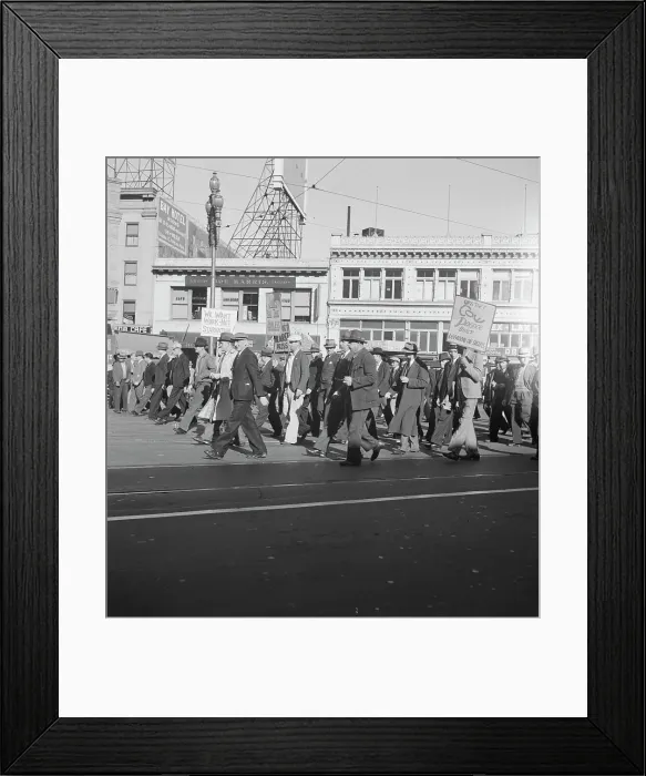 Framed Print : Mass meeting of WPA workers parading up Market Street, San Francisco, California, 1939. Creator: Dorothea Lange Framed Print : Mass meeting of WPA workers parading up Market Street, San Francisco, California, 1939. Creator: Dorothea Lange