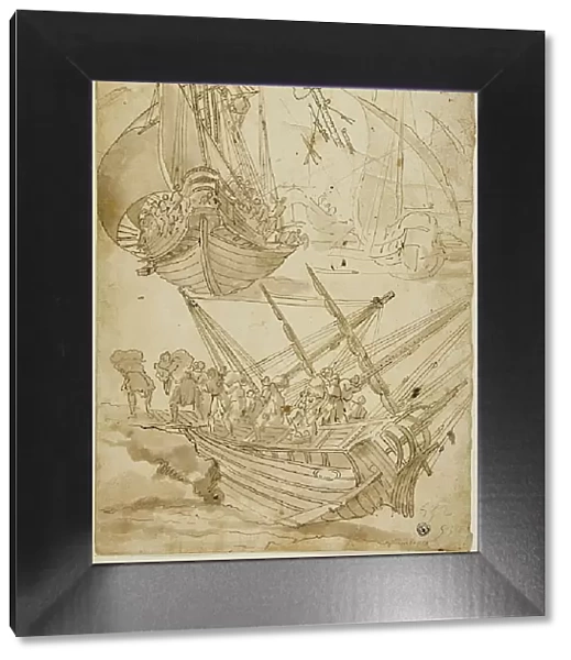 Crew Abandoning Ship (recto) Sketches of Corinthian Columns (verso), c.1600. Creator: Lazzaro Tavarone