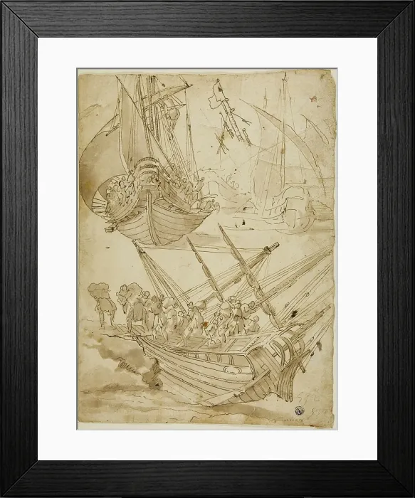 Framed Print : Crew Abandoning Ship (recto) Sketches of Corinthian Columns (verso), c.1600. Creator: Lazzaro Tavarone Framed Print : Crew Abandoning Ship (recto) Sketches of Corinthian Columns (verso), c.1600. Creator: Lazzaro Tavarone