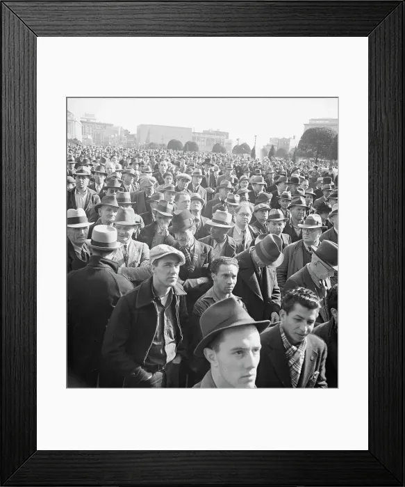 Framed Print : Listening to speeches at mass meeting of WPA workers protesting... San Francisco, California, 1939. Creator: Dorothea Lange Framed Print : Listening to speeches at mass meeting of WPA workers protesting... San Francisco, California, 1939. Creator: Dorothea Lange