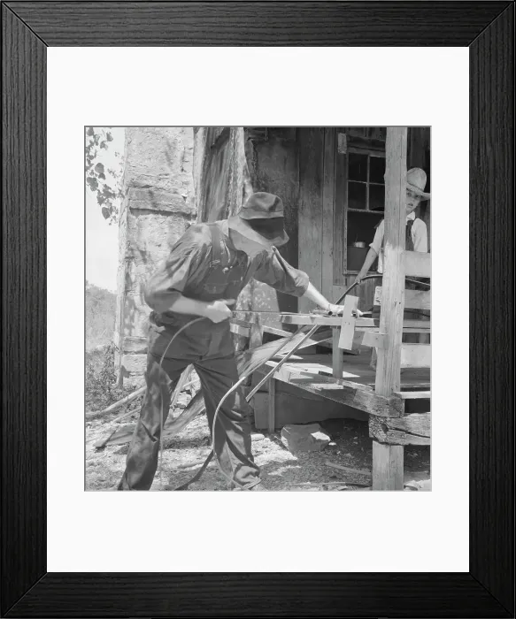 Framed Print : In Arkansas Hills (Ozarks) near Seligman, Missouri, splitting hickory for chair-bottoms, 1938. Creator: Dorothea Lange Framed Print : In Arkansas Hills (Ozarks) near Seligman, Missouri, splitting hickory for chair-bottoms, 1938. Creator: Dorothea Lange