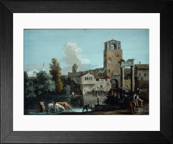 Framed Print : A Capriccio with Horses Watering in a River Outside a Walled Town, c.1720. Creator: Marco Ricci Framed Print : A Capriccio with Horses Watering in a River Outside a Walled Town, c.1720. Creator: Marco Ricci