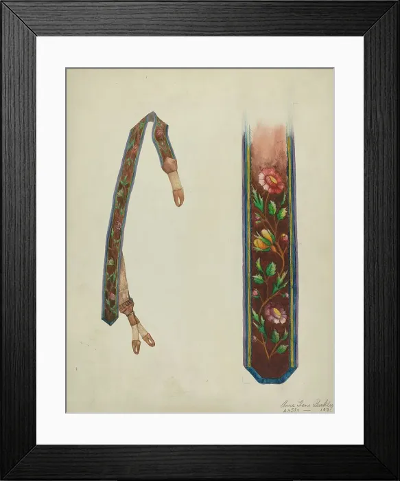 Framed Print : Silk Embroidered Suspenders, c. 1936. Creator: Ann Gene Buckley Framed Print : Silk Embroidered Suspenders, c. 1936. Creator: Ann Gene Buckley
