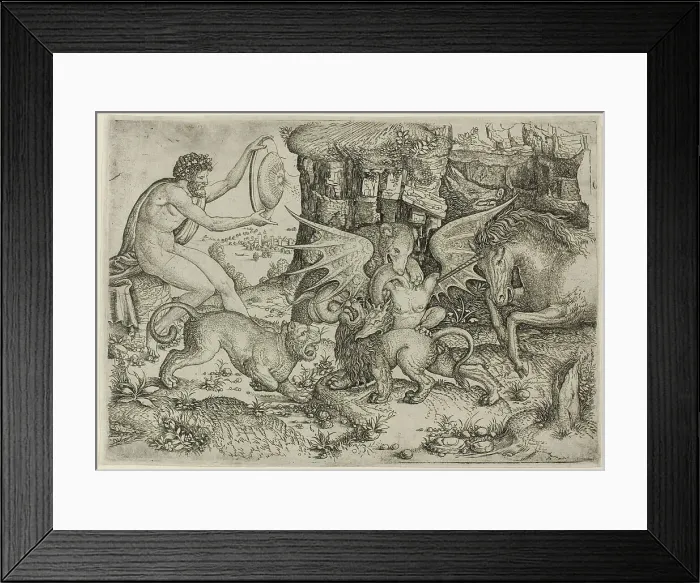 Framed Print : Allegory: Combat of Animals in the Presence of Man with Shield, 1515 / 20. Creator: Master of the Beheading of St. John the Baptist Framed Print : Allegory: Combat of Animals in the Presence of Man with Shield, 1515 / 20. Creator: Master of the Beheading of St. John the Baptist