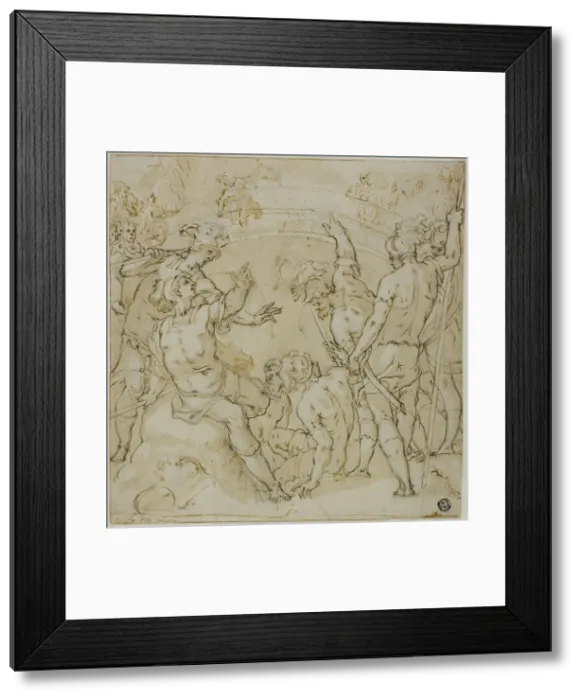 Framed Print : Study for the Duel between Heraclius and Khosrau (r); Sketches of Seated Figure (v), 1582. Creator: Niccolo Circignani Framed Print : Study for the Duel between Heraclius and Khosrau (r); Sketches of Seated Figure (v), 1582. Creator: Niccolo Circignani