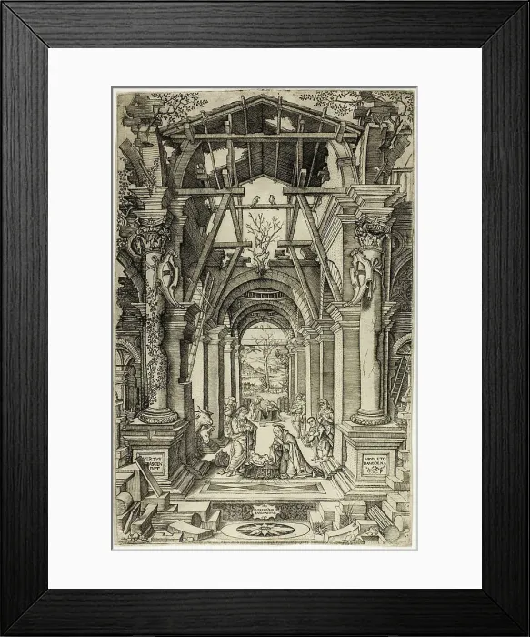 Framed Print : The Nativity and the Adoration of the Shepherds, c.1512. Creator: Nicoletto da Modena Framed Print : The Nativity and the Adoration of the Shepherds, c.1512. Creator: Nicoletto da Modena