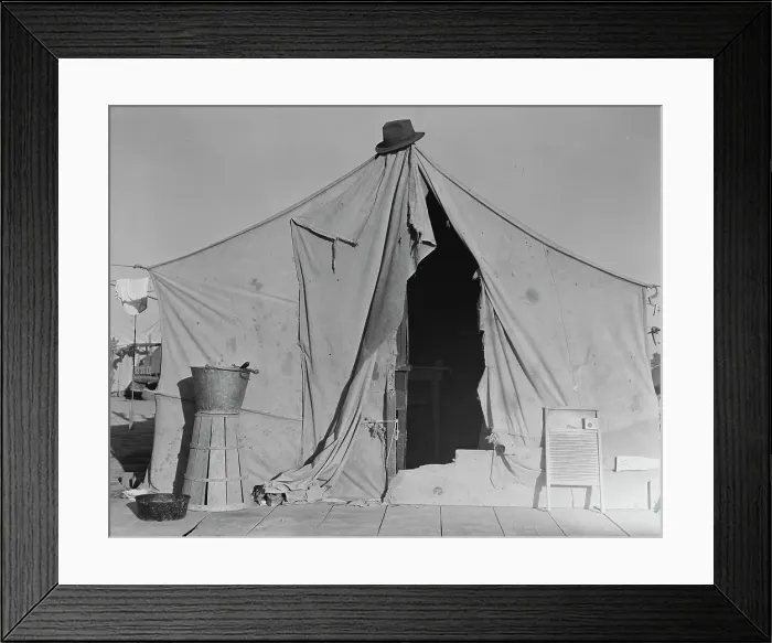 Framed Print : One of a row of tents, home of a pea picker, near Calipatria, Imperial Valley, CA, 1939. Creator: Dorothea Lange Framed Print : One of a row of tents, home of a pea picker, near Calipatria, Imperial Valley, CA, 1939. Creator: Dorothea Lange
