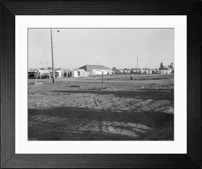 Framed Print : Migratory labor camp during pea harvest, FSA, Brawley, Imperial Valley, California, 1939. Creator: Dorothea Lange Framed Print : Migratory labor camp during pea harvest, FSA, Brawley, Imperial Valley, California, 1939. Creator: Dorothea Lange