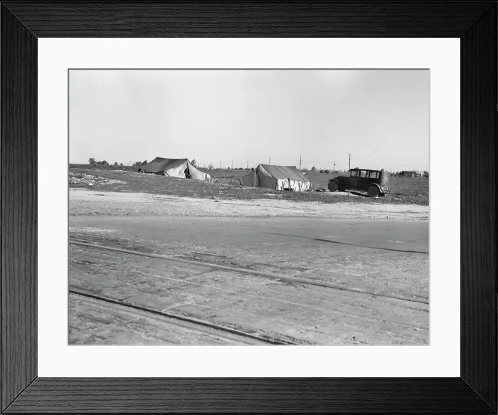 Framed Print : Migrants tents...along the right of way of the southern pacific, near Fresno, California, 1939. Creator: Dorothea Lange Framed Print : Migrants tents...along the right of way of the southern pacific, near Fresno, California, 1939. Creator: Dorothea Lange