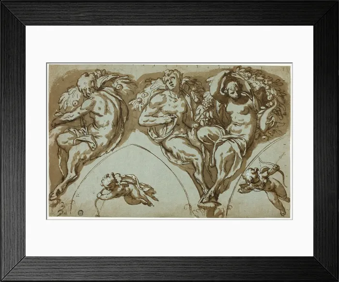 Framed Print : Study for Spandrel Decoration with Satyress, Satyrs, and Putti (r); Head of Putto (v), c.1588. Creator: Paolo Farinati Framed Print : Study for Spandrel Decoration with Satyress, Satyrs, and Putti (r); Head of Putto (v), c.1588. Creator: Paolo Farinati