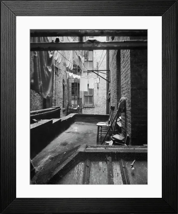 Framed Print : Out of rear window tenement dwelling of Mr and Mrs Jacob Solomon, 133 Avenue D, New York City, 1936. Creator: Dorothea Lange Framed Print : Out of rear window tenement dwelling of Mr and Mrs Jacob Solomon, 133 Avenue D, New York City, 1936. Creator: Dorothea Lange