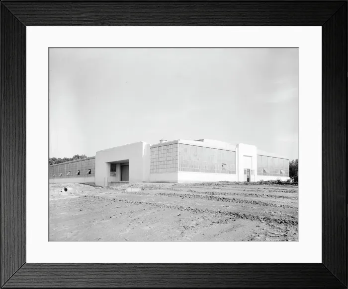 Framed Print : View of nearly completed factory for garment workers, Hightstown, New Jersey, 1936. Creator: Dorothea Lange Framed Print : View of nearly completed factory for garment workers, Hightstown, New Jersey, 1936. Creator: Dorothea Lange