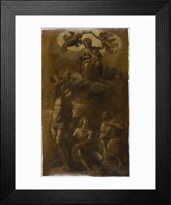 Framed Print : Virgin and Child in Glory with Saints Sebastian, John the Evangelist, and Roch, c.1610. Creator: Pasquale Ottino Framed Print : Virgin and Child in Glory with Saints Sebastian, John the Evangelist, and Roch, c.1610. Creator: Pasquale Ottino