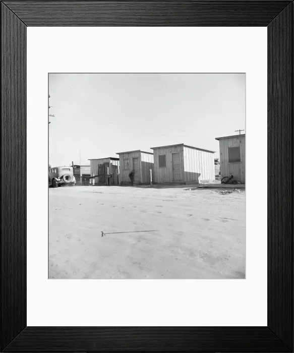 Framed Print : Newly-built cabins, rent five dollars per month, near Bakersfield, California, 1939. Creator: Dorothea Lange Framed Print : Newly-built cabins, rent five dollars per month, near Bakersfield, California, 1939. Creator: Dorothea Lange
