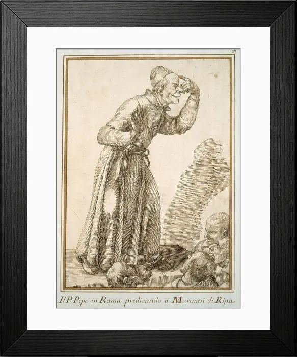 Framed Print : Father Pepe Preaching to Sailors, c.1740. Creator: Pier Leone Ghezzi Framed Print : Father Pepe Preaching to Sailors, c.1740. Creator: Pier Leone Ghezzi