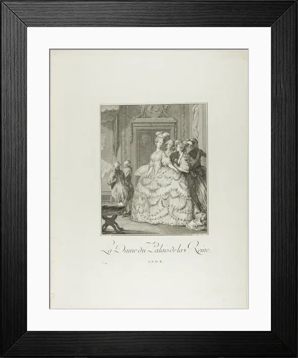 Framed Print : The Queen's Lady-in-Waiting, from Monument du Costume Physique et Moral de la fin... 1777. Creators: Pietro Antonio Martini, Laurent-François Prault Framed Print : The Queen's Lady-in-Waiting, from Monument du Costume Physique et Moral de la fin... 1777. Creators: Pietro Antonio Martini, Laurent-François Prault