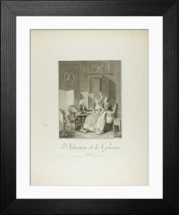 Framed Print : Announcement of Pregnancy, from Monument du Costume Physique et Moral de la fin... 1776. Creators: Pietro Antonio Martini, Laurent-François Prault Framed Print : Announcement of Pregnancy, from Monument du Costume Physique et Moral de la fin... 1776. Creators: Pietro Antonio Martini, Laurent-François Prault