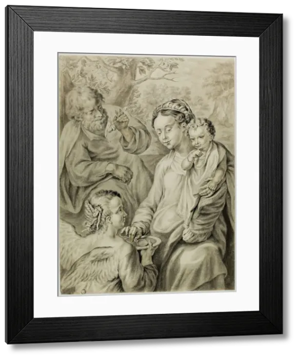 Framed Print : Virgin Feeding Porridge to the Christ Child, with Saint Joseph and Kneeling Angel, n.d. Creator: Abraham Delfos Framed Print : Virgin Feeding Porridge to the Christ Child, with Saint Joseph and Kneeling Angel, n.d. Creator: Abraham Delfos