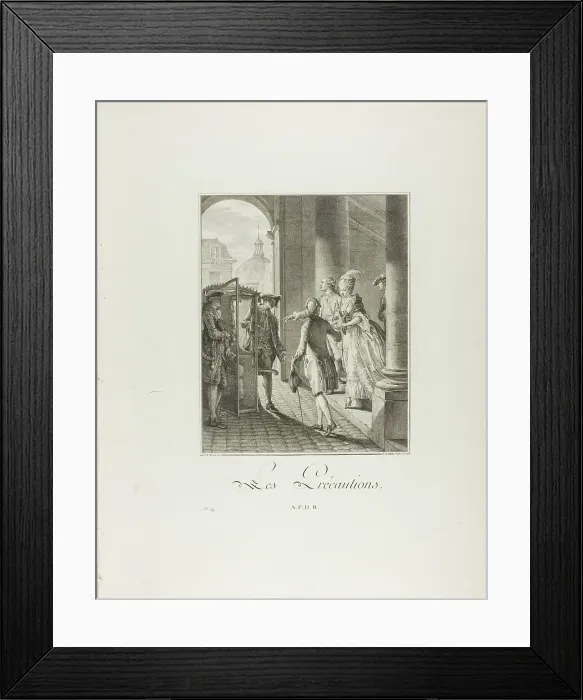 Framed Print : The Precautions, from Monument du Costume Physique et Moral de la fin du... 1777. Creators: Pietro Antonio Martini, Laurent-François Prault Framed Print : The Precautions, from Monument du Costume Physique et Moral de la fin du... 1777. Creators: Pietro Antonio Martini, Laurent-François Prault