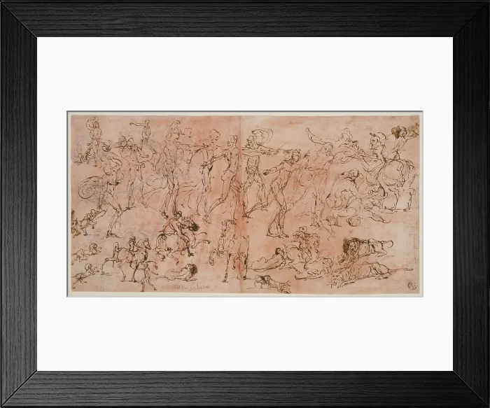 Framed Print : Studies of Warriors, Horsemen, and Lions (recto); Studies of Heads and Nude... 1528 / 33. Creator: Perino del Vaga Framed Print : Studies of Warriors, Horsemen, and Lions (recto); Studies of Heads and Nude... 1528 / 33. Creator: Perino del Vaga