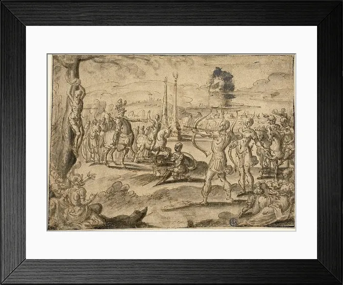 Framed Print : Shooting at Father's Corpse, 1584. Creator: Maerten van Heemskerck Framed Print : Shooting at Father's Corpse, 1584. Creator: Maerten van Heemskerck