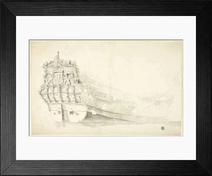 Framed Print : Dutch Ship with Ornamental Prow Seen from Starboard Quarter, n.d. Creator: Willem van de Velde I Framed Print : Dutch Ship with Ornamental Prow Seen from Starboard Quarter, n.d. Creator: Willem van de Velde I
