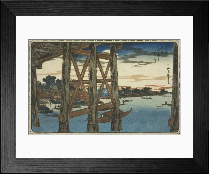 Framed Print : Twilight Moon at the Ryogoku Bridge (Ryogoku no yoizuki), from the series Famous Views... c. 1831. Creator: Ando Hiroshige. Twilight Moon at the Ryogoku Bridge (Ryogoku no yoizuki), from the series Famous Views... c. 1831 Framed Print : Twilight Moon at the Ryogoku Bridge (Ryogoku no yoizuki), from the series Famous Views... c. 1831. Creator: Ando Hiroshige. Twilight Moon at the Ryogoku Bridge (Ryogoku no yoizuki), from the series Famous Views... c. 1831