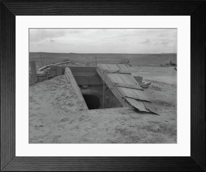 Framed Print : Storm cellar on the Texas plains, West Texas Panhandle, 1937. Creator: Dorothea Lange Framed Print : Storm cellar on the Texas plains, West Texas Panhandle, 1937. Creator: Dorothea Lange