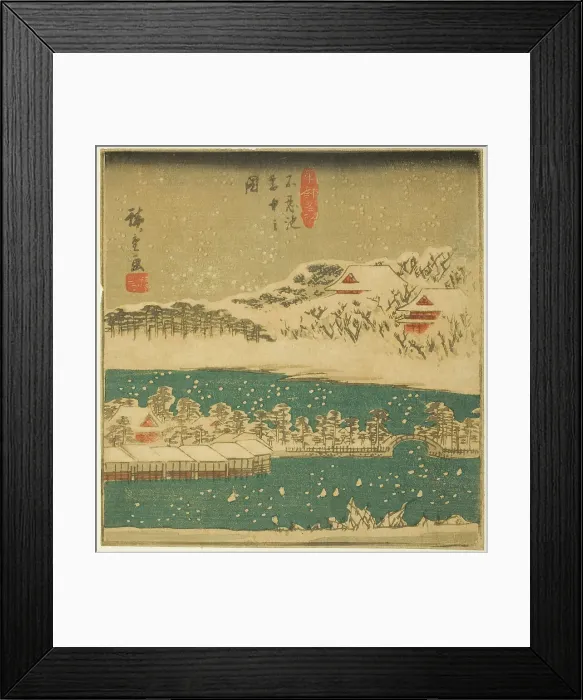 Framed Print : Shinobazu Pond in Falling Snow (Shinobazu ike setchu no zu), section of a sheet from the... 1840s. Creator: Ando Hiroshige Framed Print : Shinobazu Pond in Falling Snow (Shinobazu ike setchu no zu), section of a sheet from the... 1840s. Creator: Ando Hiroshige