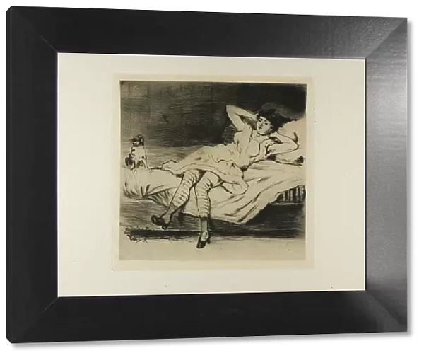 Plate from l'Assommoir (dancer reclining on bed, with cat), 1878. Creator: Gaston la Touche