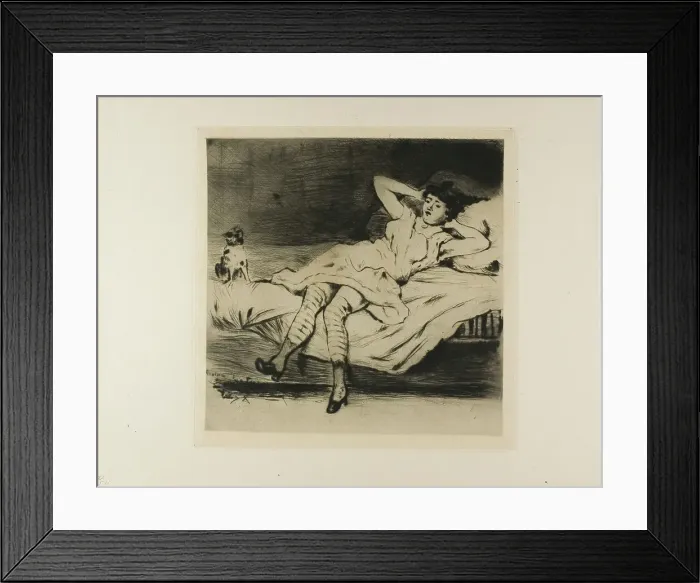 Framed Print : Plate from l'Assommoir (dancer reclining on bed, with cat), 1878. Creator: Gaston la Touche Framed Print : Plate from l'Assommoir (dancer reclining on bed, with cat), 1878. Creator: Gaston la Touche