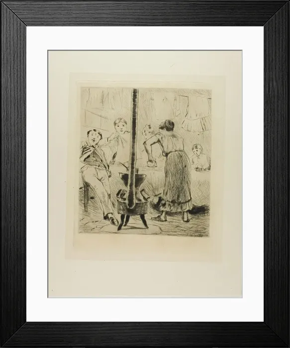 Framed Print : Plate from l'Assommoir (women ironing, man seated before a woodstove), 1879. Creator: Gaston la Touche Framed Print : Plate from l'Assommoir (women ironing, man seated before a woodstove), 1879. Creator: Gaston la Touche